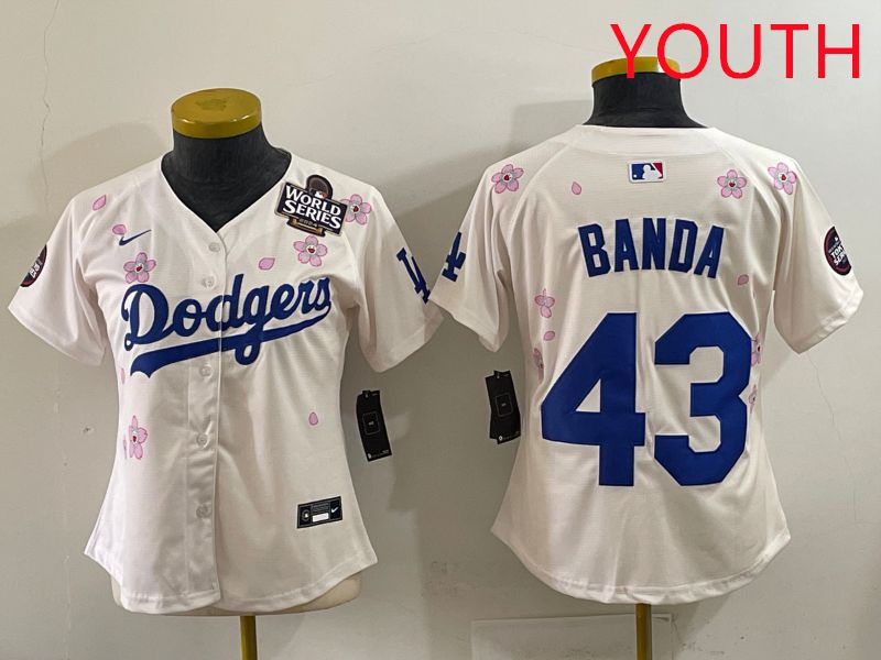 Youth Los Angeles Dodgers 43 Banda Cream Sakura Edition 2025 Nike MLB Jersey style 36